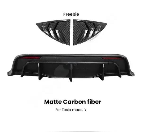 Rear Bumper Diffuser Lip Chin Spoiler Body Kit Black Carbon Look with Tow Hitch Support Tuning Parts for Tesla Model Y 2021-2023 is available at Ludicrous EV.