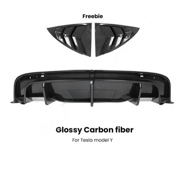 Rear Bumper Diffuser Lip Chin Spoiler Body Kit Black Carbon Look with Tow Hitch Support Tuning Parts for Tesla Model Y 2021-2023 is available at Ludicrous EV.