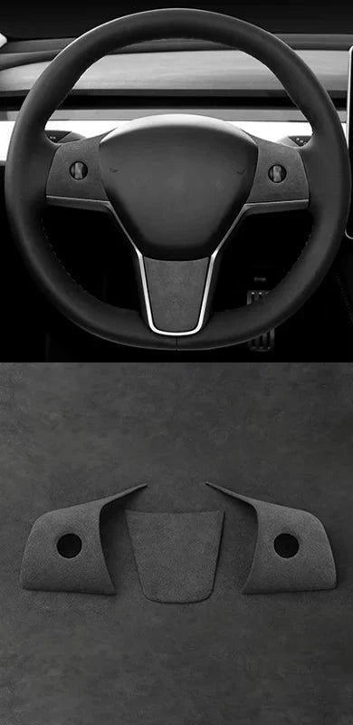 3-Piece Steering Wheel Panel Cover Set for Tesla Model Y/Model 3 Alcantara at Ludicrous EV.
