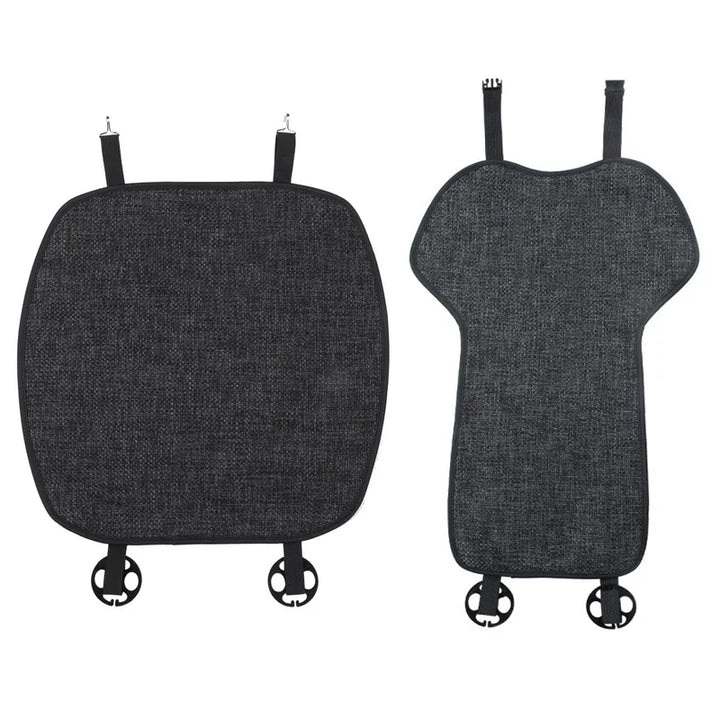 Flax seat pad covers installed on the front and rear seats of a Tesla Model Y, showcasing the product's design and fit.