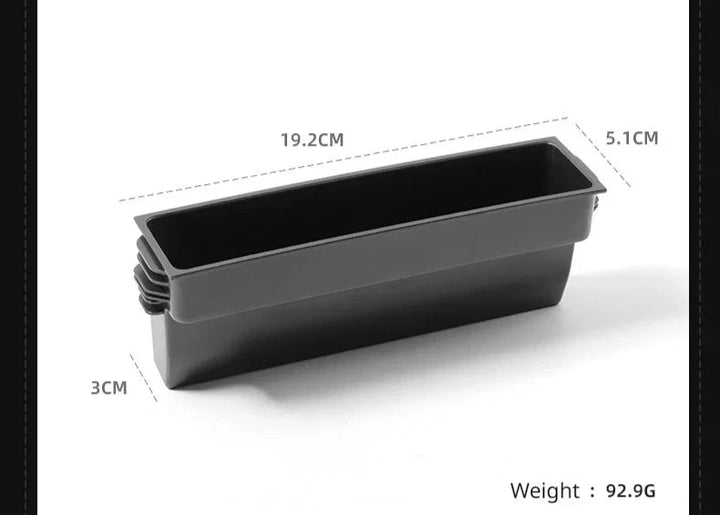 Black rectangular container with dimensions and weight displayed on a white background