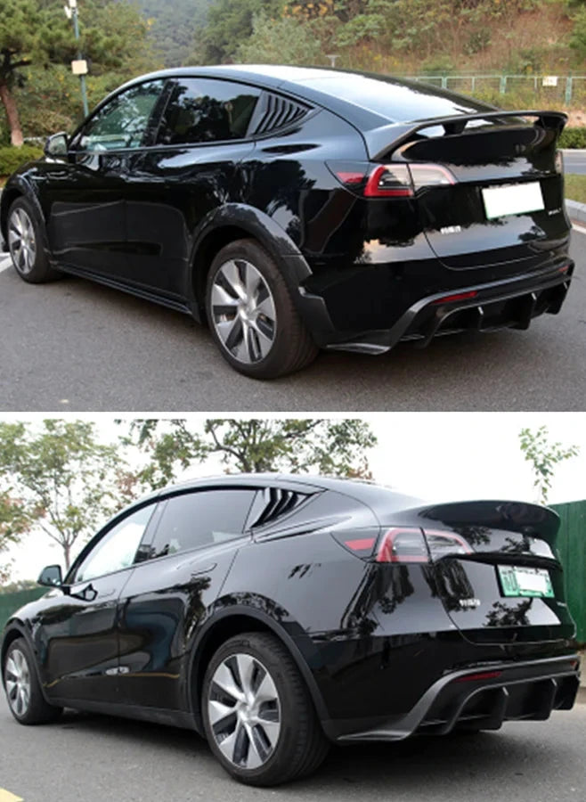 Rear Bumper Diffuser Lip Chin Spoiler Body Kit Black Carbon Look with Tow Hitch Support Tuning Parts for Tesla Model Y 2021-2023 is available at Ludicrous EV.
