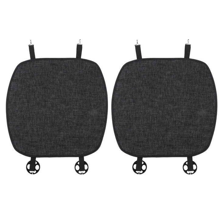 Flax seat pad covers installed on the front and rear seats of a Tesla Model Y, showcasing the product's design and fit.
