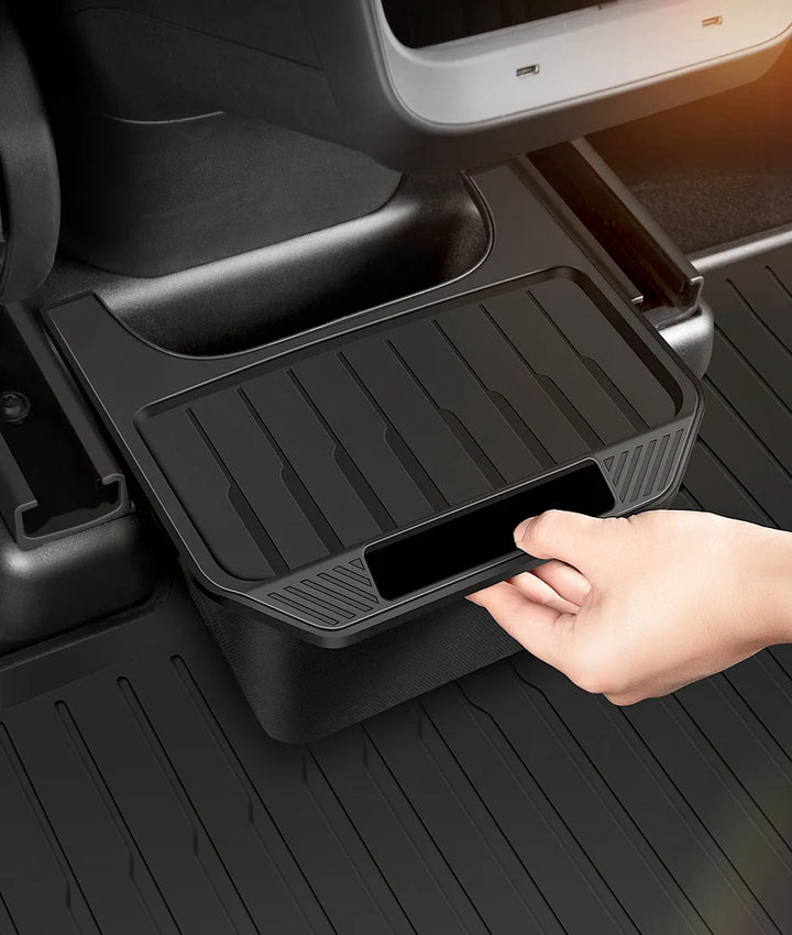 TPE Under-Seat Storage Box with Trash Can for Tesla Model Y 2021-2024 is available at Ludicrous EV.
