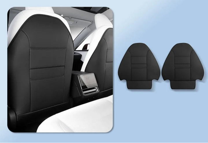 Black faux leather seat backrest protective pad with text overlay indicating 'NEW! For Tesla Model 3+'