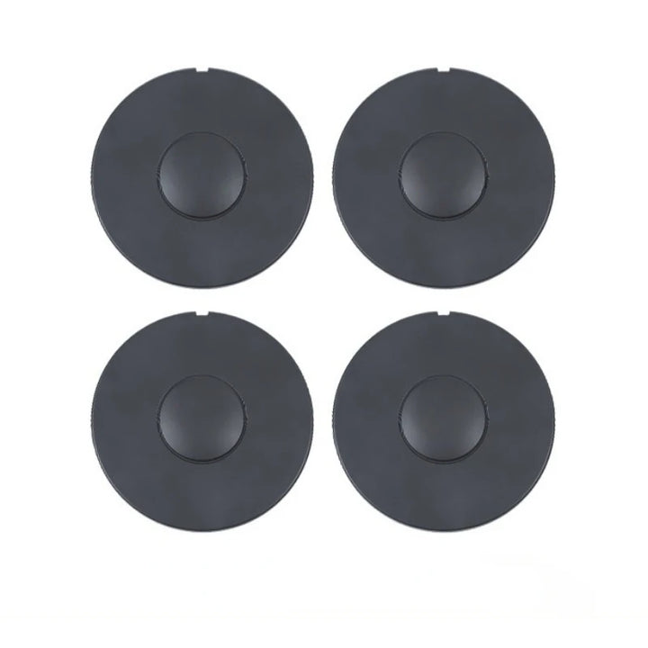 Four black hub center covers for Tesla Model 3 Highland 2024, displayed in different settings to showcase the product's use and design.