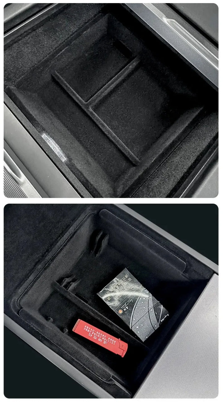 Central Control Storage Box for Armrest – Hidden Flocking Storage for Tesla Model 3+ 2024 is available at Ludicrous EV.
