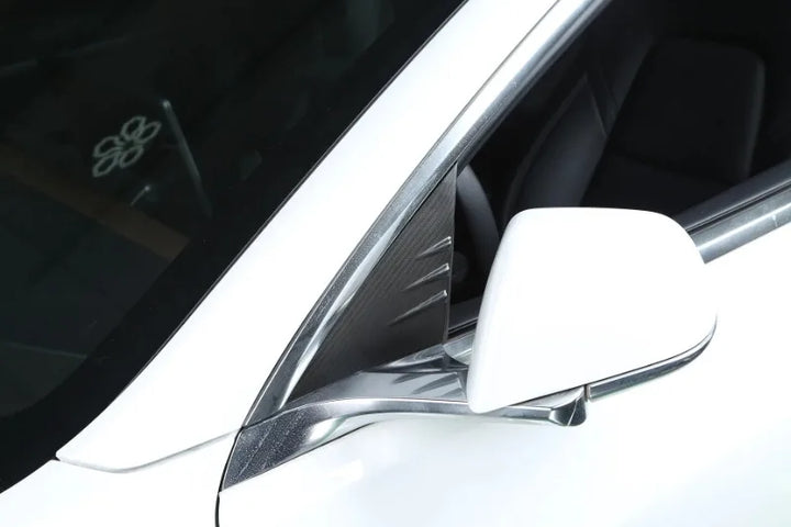 Real Carbon Fiber A-Pillar Window Triangle Spoiler Patch for Tesla Model 3/Model Y/Model 3+ Highland 2024 at Ludicrous EV.