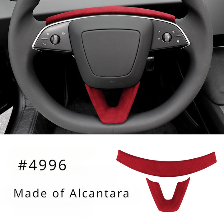 U-shaped Alcantara suede steering wheel panel designed for Tesla Model 3+ with the interior of a car steering wheel in the background.