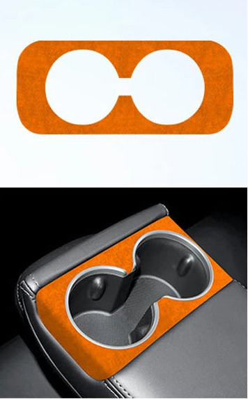An orange rear water cup frame for Tesla Model 3+ displayed on a white background, with a Tesla Model 3 shown in the background to indicate the product's fit.