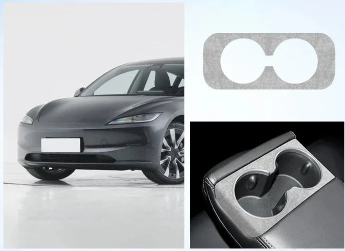 Alcantara Suede Rear Water Cup Frame/Sticker for Tesla Model 3+ Highland is available at Ludicrous EV.