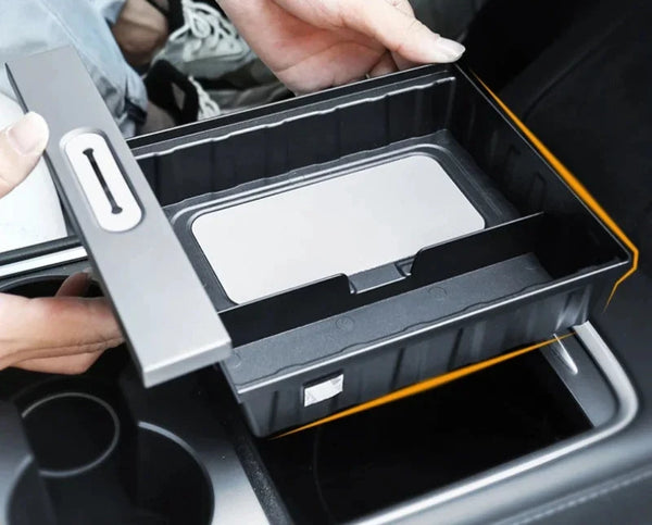 Get the Armrest Charger & Data Line Hub, Central Control Hub Storage Box with 15W Wireless Charging Dock for Tesla Model 3/Model Y is available at Ludicrous EV.