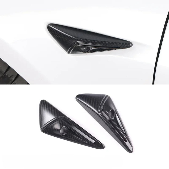 Real Carbon Fiber Side Camera Cover Sticker for Tesla Model 3/Model Y/Model S/Model X/Model 3+ Highland is available at Ludicrous EV.
