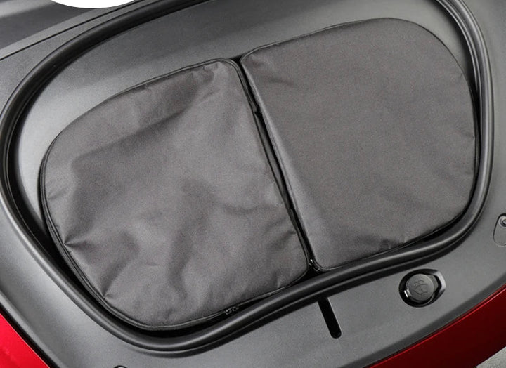 Black front and rear trunk storage bags for Tesla Model 3, displayed in an open trunk space with a 'NEW' label on top indicating a new product.