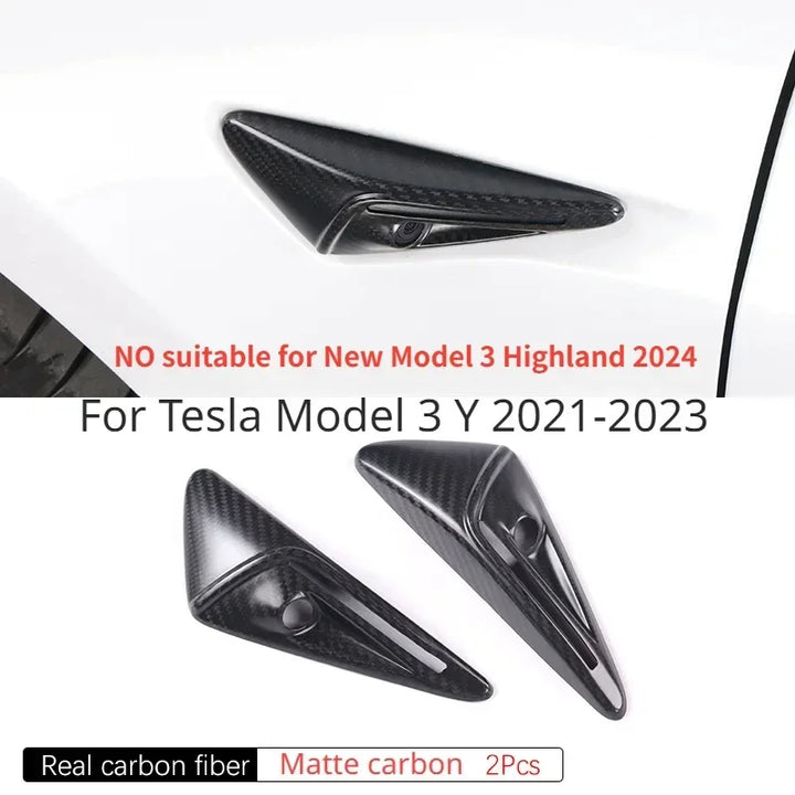 Real Carbon Fiber Side Camera Cover Sticker for Tesla Model 3/Model Y/Model S/Model X/Model 3+ Highland is available at Ludicrous EV.
