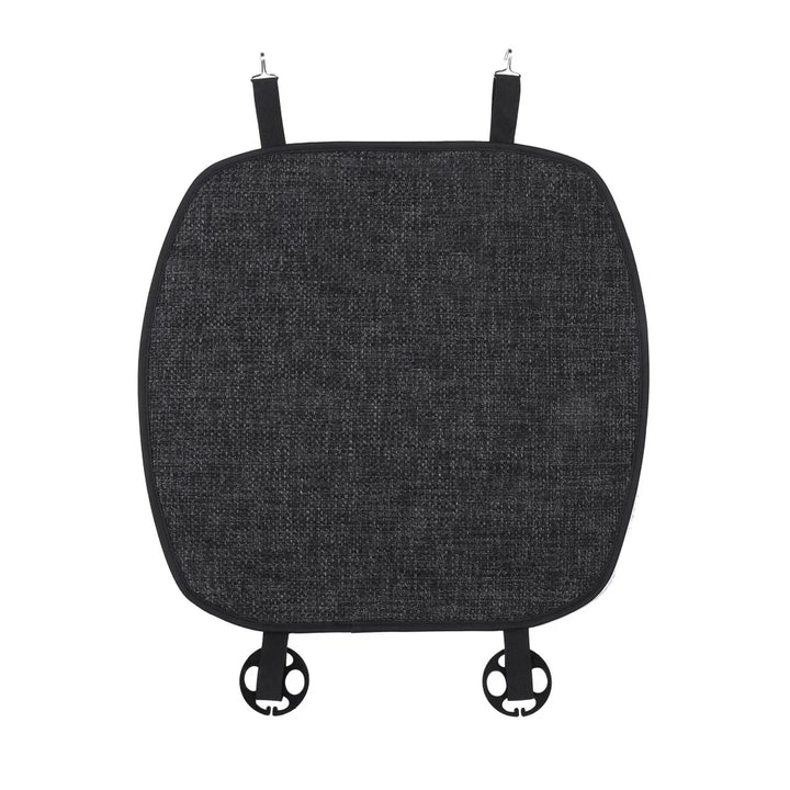 Flax seat pad covers installed on the front and rear seats of a Tesla Model Y, showcasing the product's design and fit.