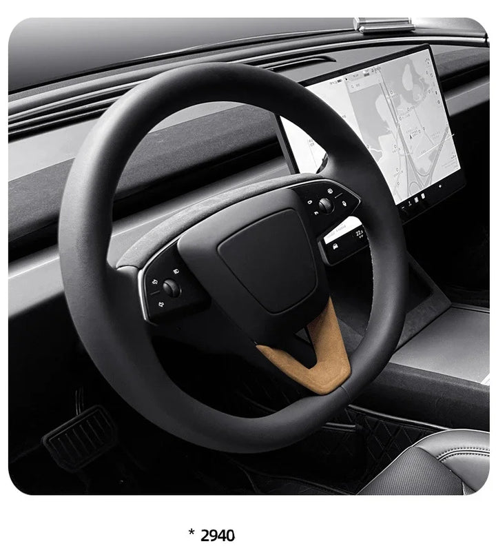 Suede U-Shaped Steering Wheel Patch Cover for Tesla Model 3 Highland 2024 Alcantara is available at Ludicrous EV.
