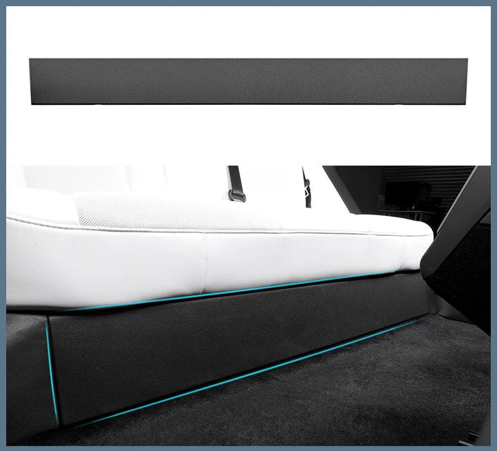 A set of black TPE door sill pads designed for the Tesla Model 3, displayed in various positions around the vehicle's door threshold.