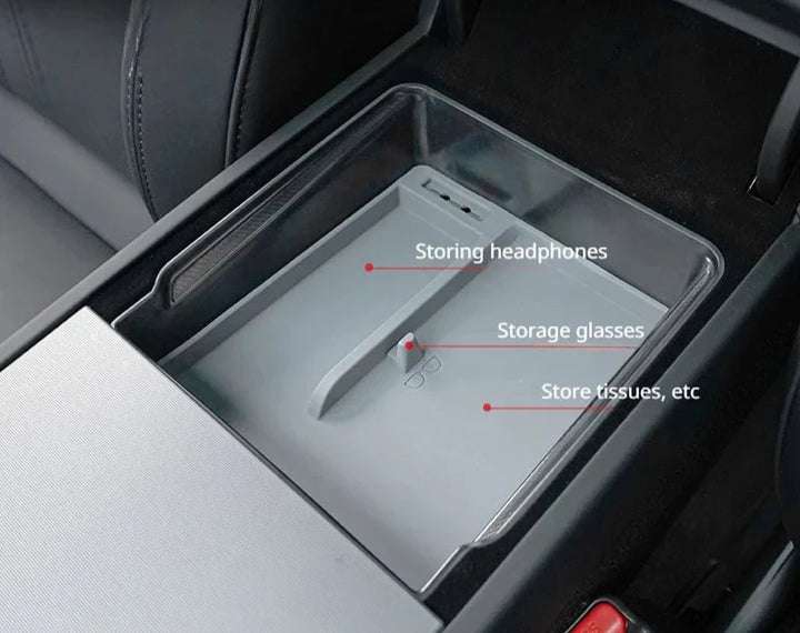 Central Control Storage Box with Transparent Armrest and Silicone Pad for Tesla Model 3 Highland 2024 is available at Ludicrous EV.