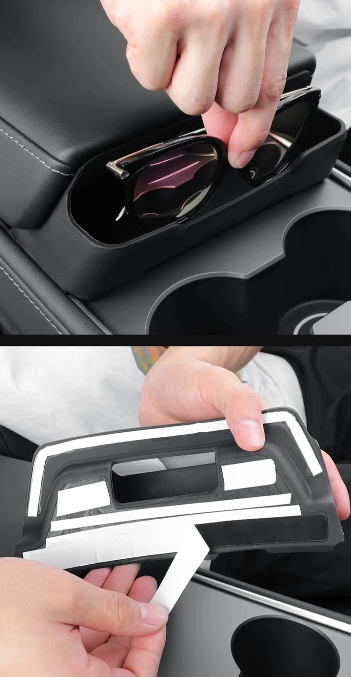 Armrest Glasses Storage Box & Key Card Organizer Tray for Tesla Model Y 2024 is available at Ludicrous EV.
