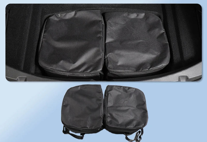 Black front and rear trunk storage bags for Tesla Model 3, displayed in an open trunk space with a 'NEW' label on top indicating a new product.