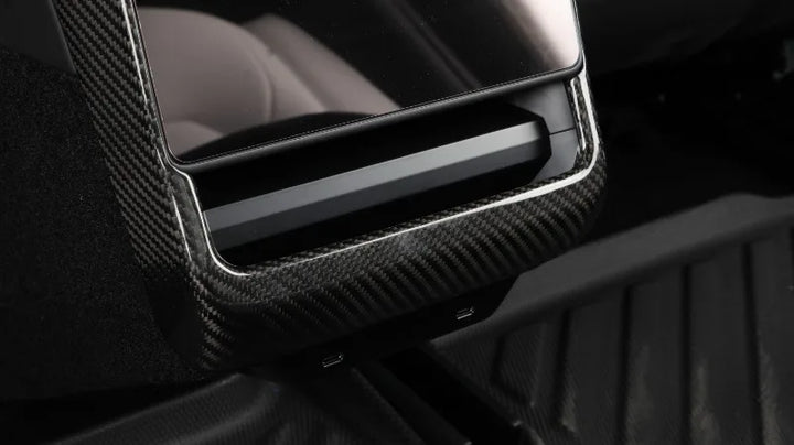 Real Carbon Fiber Rear Air Outlet Frame Cover for Tesla Model 3+ which is available at Ludicrous EV.