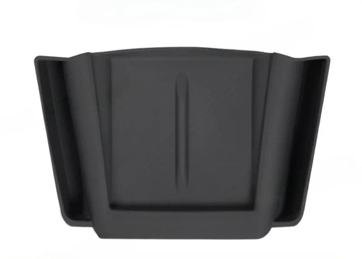 Set of silicone central control storage pads for Tesla Model 3, including a water cup mat, armrest box lower storage mat, and wireless charging pad with side pockets.