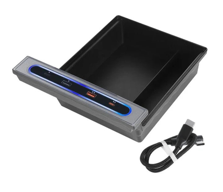 Get the Armrest Charger & Data Line Hub, Central Control Hub Storage Box with 15W Wireless Charging Dock for Tesla Model 3/Model Y is available at Ludicrous EV.