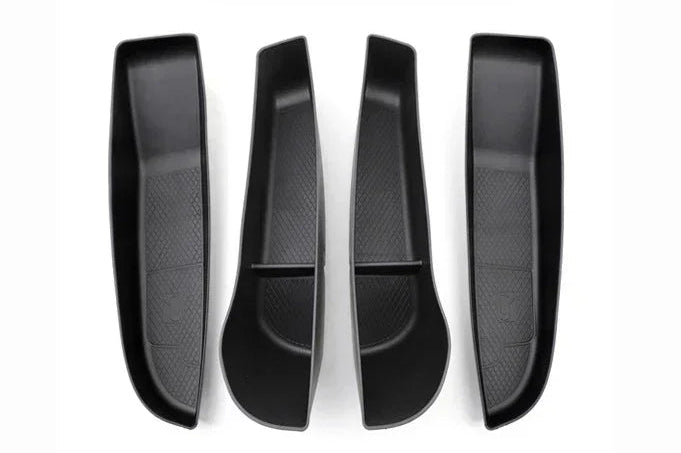 A black TPE door side storage box designed for Tesla Model 3, displayed next to the interior of the vehicle's door showing the product's placement and fit for the vehicle.