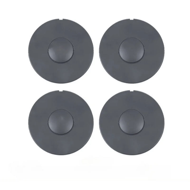 Four black hub center covers for Tesla Model 3 Highland 2024, displayed in different settings to showcase the product's use and design.
