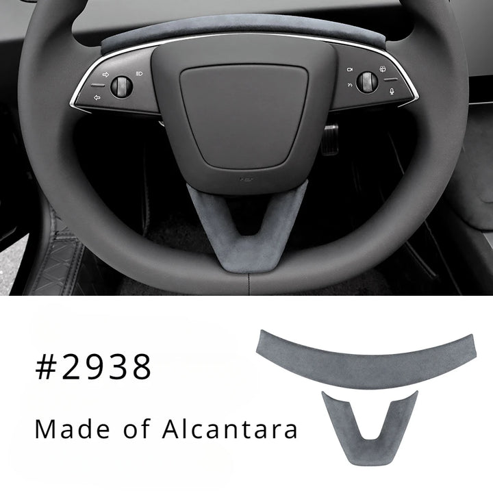 U-shaped Alcantara suede steering wheel panel designed for Tesla Model 3+ with the interior of a car steering wheel in the background.