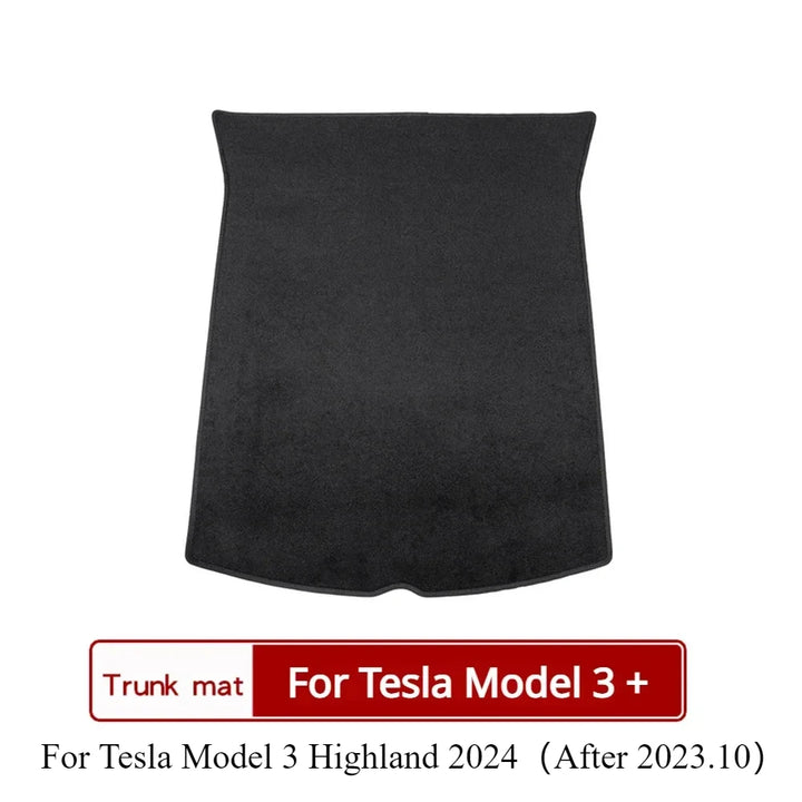 Flocking Fabric Trunk Mats for Tesla Model 3/Model Y/Model 3+ (2017-2024) is available at Ludicrous EV.
