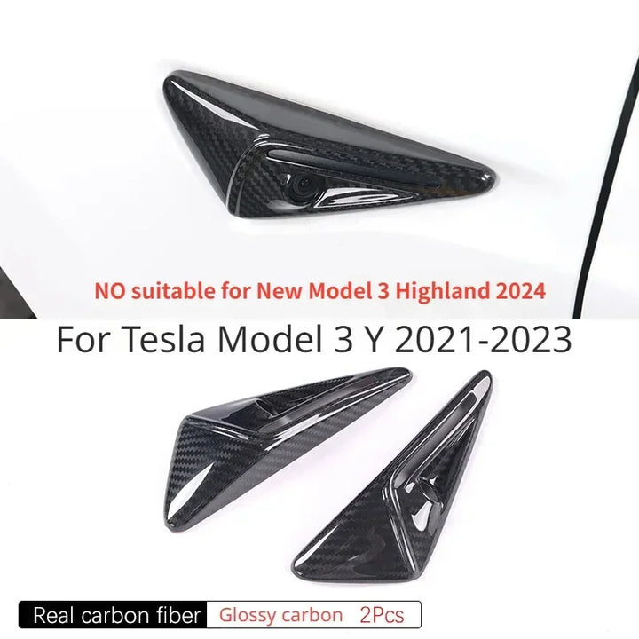 Real Carbon Fiber Side Camera Cover Sticker for Tesla Model 3/Model Y/Model S/Model X/Model 3+ Highland is available at Ludicrous EV.
