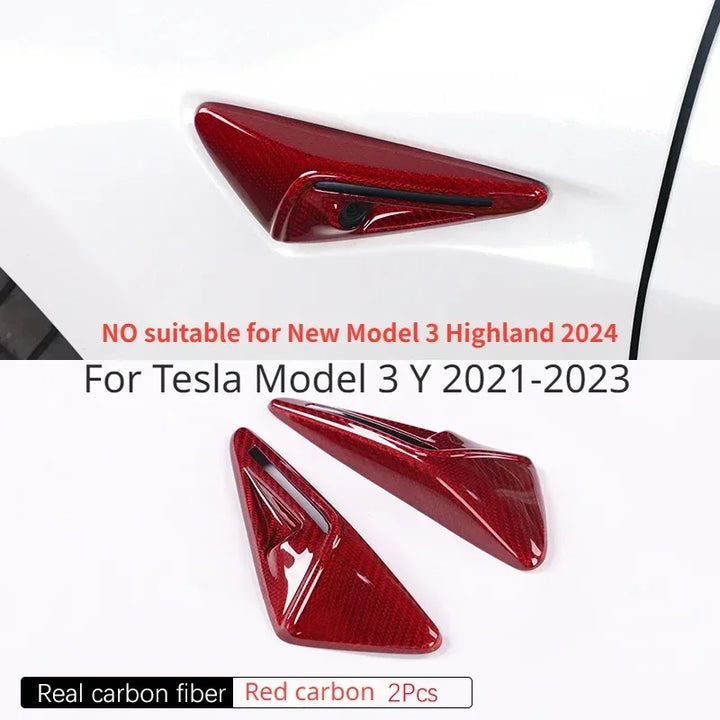 Real Carbon Fiber Side Camera Cover Sticker for Tesla Model 3/Model Y/Model S/Model X/Model 3+ Highland is available at Ludicrous EV.
