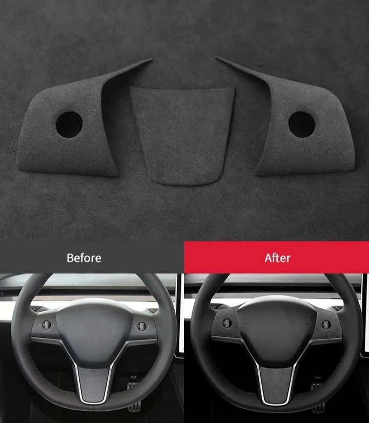 3-Piece Steering Wheel Panel Cover Set for Tesla Model Y/Model 3 Alcantara at Ludicrous EV.