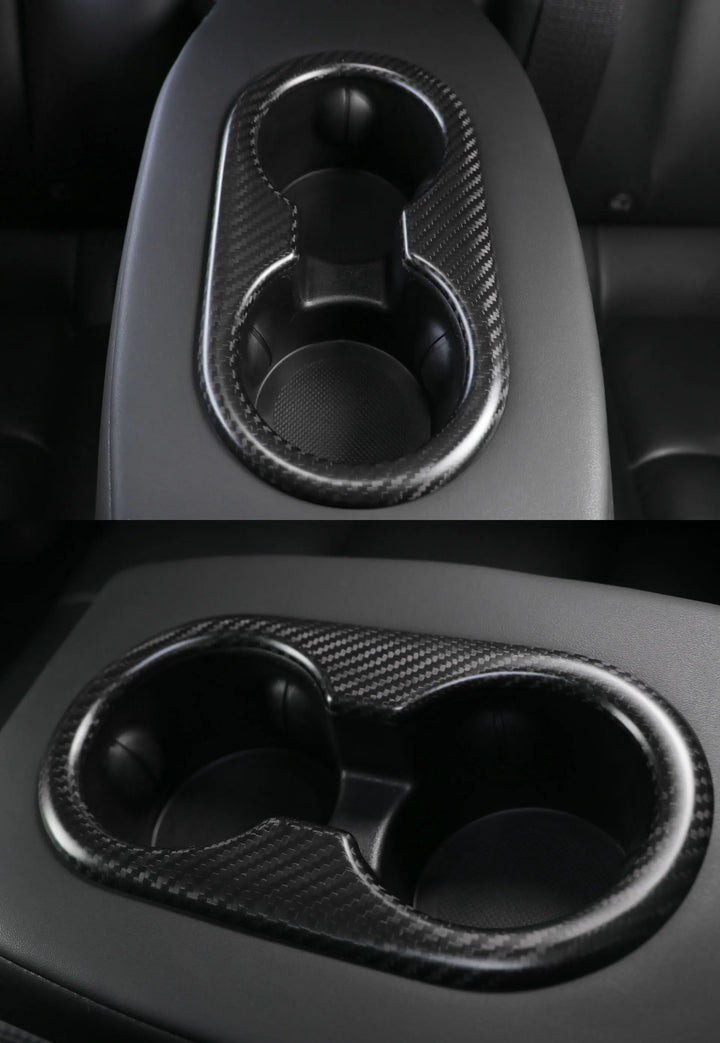 Back Seat Cup Holder Cover Panel Trim in Real Dry Carbon Fiber - Interior Decoration for 2023 Tesla Model 3 & Y is available at Ludicrous EV.