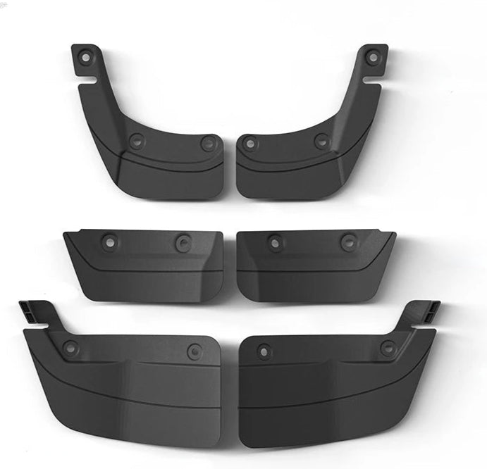 A set of black mud guards for the Tesla Model 3 Highland 2024, displayed on a white background.