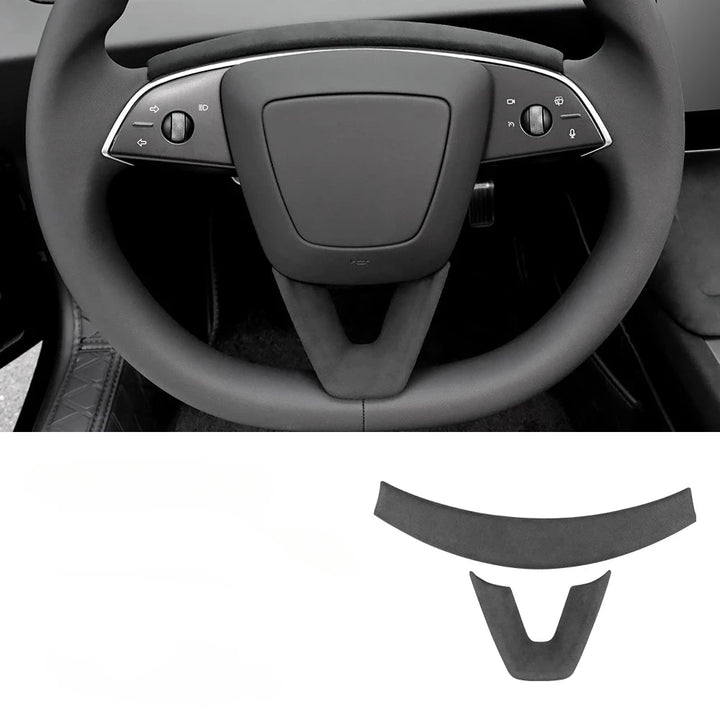 Alcantara Suede Steering Wheel Trim Cover or Tesla Model 3+ 2024 is available at Ludicrous EV.