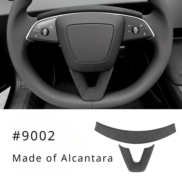 U-shaped Alcantara suede steering wheel panel designed for Tesla Model 3+ with the interior of a car steering wheel in the background.