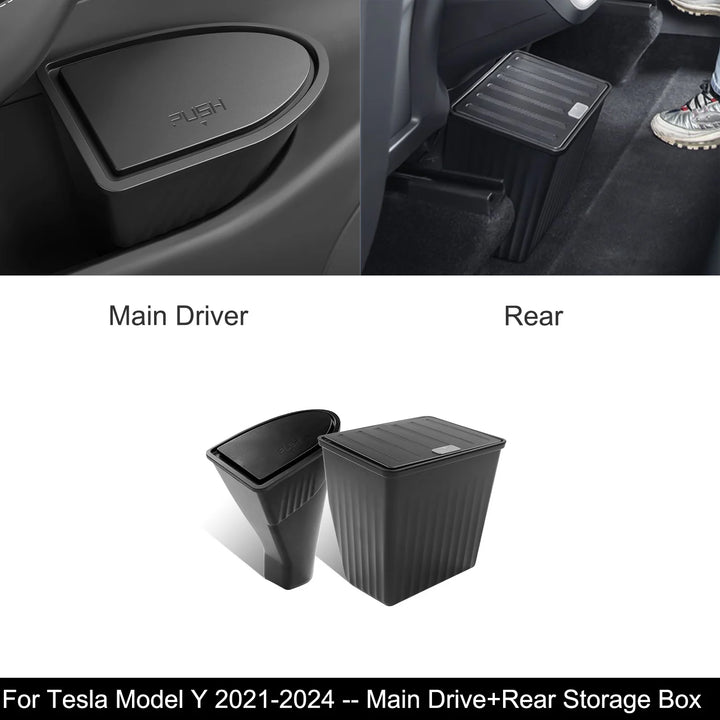 Rear Seat Trash Can & Front Door Push Button Organizer For Tesla Model Y is available at Ludicrous EV.
