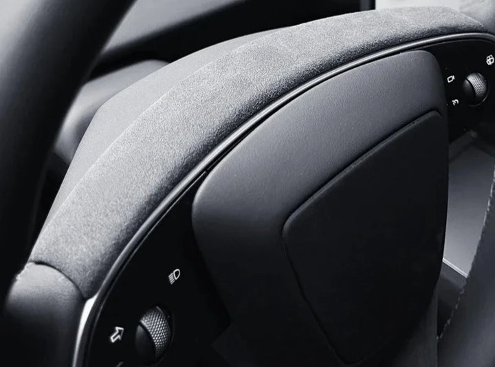 Suede Steering Wheel Trim Panel for Tesla Model 3+ Alcantara  is available at Ludicrous EV.