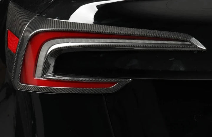 Carbon Fiber Rear Taillight Trim Frame for Tesla Model 3+ Highland 2024 is available at Ludicrous EV. 