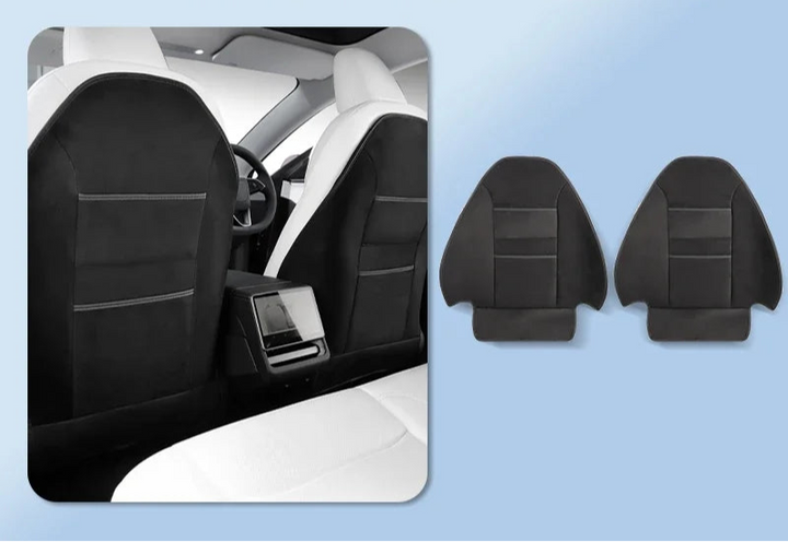 Black faux leather seat backrest protective pad with text overlay indicating 'NEW! For Tesla Model 3+'