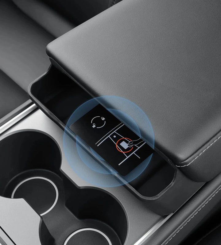 Armrest Glasses Storage Box & Key Card Organizer Tray for Tesla Model Y 2024 is available at Ludicrous EV.
