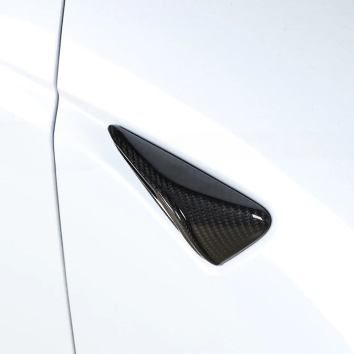 Real Carbon Fiber Side Camera Cover for Tesla Model 3 Highland 2024 is available at Ludicrous EV.