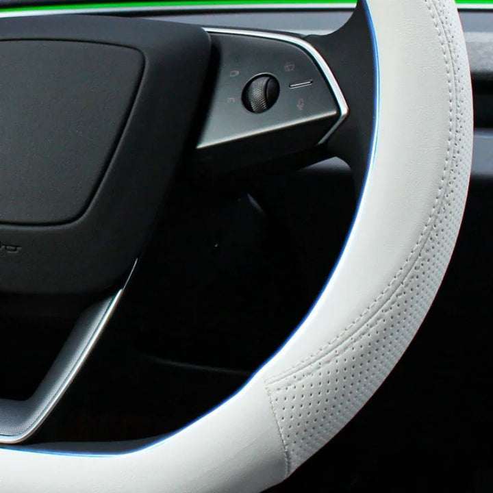 Leather Steering Wheel Cover for Tesla Model 3+ Highland 2024 is available at Ludicrous EV.
