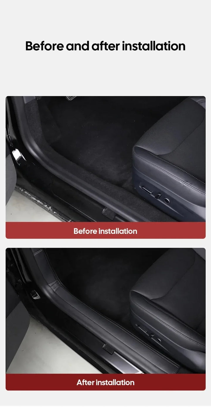 Front and Rear Door Sill Pads in Nappa Leather, Welcome Pedal Threshold Strips for Tesla Model 3 Highland 2024  is available at Ludicrous EV.