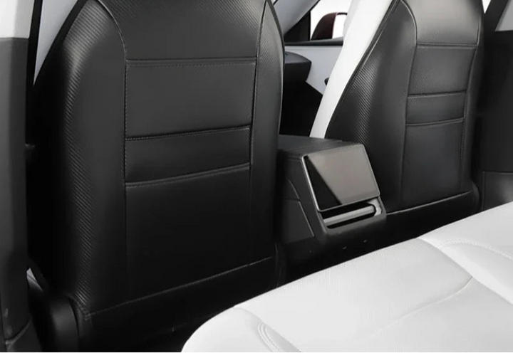 Black faux leather seat backrest protective pad with text overlay indicating 'NEW! For Tesla Model 3+'