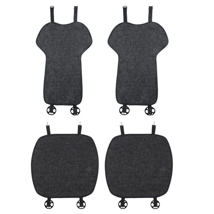 Flax seat pad covers installed on the front and rear seats of a Tesla Model Y, showcasing the product's design and fit.
