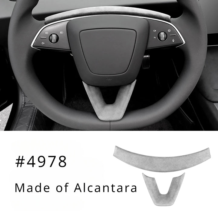 U-shaped Alcantara suede steering wheel panel designed for Tesla Model 3+ with the interior of a car steering wheel in the background.